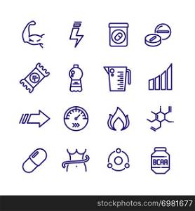 Sports vitamins and food supplements thin line vector icons. Fat burning pills and energy drinks pictograms. Sport vitamin nutrition for fitness and energy illustration. Sports vitamins and food supplements thin line vector icons. Fat burning pills and energy drinks pictograms