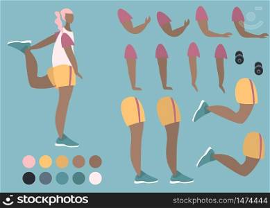 Sports woman construction set. Girl dressed in training clothes and holding dumbbell. Set of flat cartoon character details isolated on white background. Vector illustration.