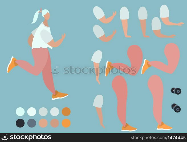 Sports woman construction set. Girl dressed in training clothes and holding dumbbell. Set of flat cartoon character details isolated on white background. Vector illustration.