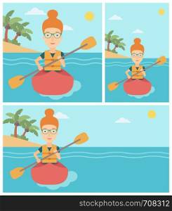 Sports woman riding in a kayak in the sea. Young woman traveling by kayak. Female kayaker paddling. Woman paddling a canoe. Vector flat design illustration. Square, horizontal, vertical layouts.. Woman riding in kayak vector illustration.