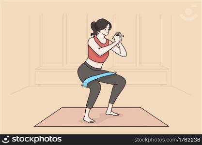 Sports workout and training concept. Cheerful fitness young woman cartoon character in sportswear standing on fitness mat doing workout with special equipment at home vector illustration . Sports workout and training concept