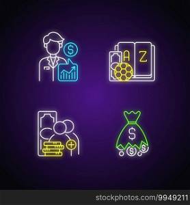Sportsbook neon light icons set. Expert prediction. Glossary. Referral program. Analytical approach in matches forecast. Signs with outer glowing effect. Vector isolated RGB color illustrations. Sportsbook neon light icons set