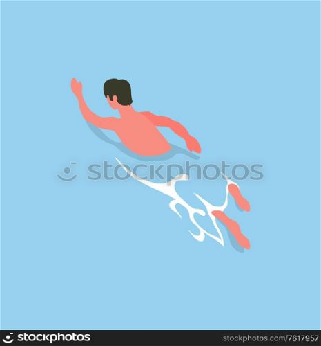 Sportsman boy on training, athletic guy in swimsuit, summertime sport activities, freestyle swimmer on rest. Man swimming butterfly in blue water, vector. Sportsman Boy on Training Athletic Guy in Swimsuit