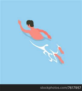 Sportsman boy on training, athletic guy in swimsuit, summertime sport activities, freestyle swimmer on rest. Man swimming butterfly in blue water, vector. Sportsman Boy on Training Athletic Guy in Swimsuit