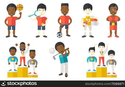 Sportsman celebrating on the winners podium. Man with gold medal and hands raised standing on the winners podium. Winner concept. Set of vector flat design illustrations isolated on white background.. Vector set of sport characters.