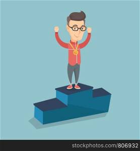 Sportsman celebrating on the winners podium. Young caucasian man standing with a gold medal and raised hands on the winners podium. Winner concept. Vector flat design illustration. Square layout.. Sportsman celebrating on the winners podium.