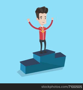 Sportsman celebrating on the winners podium. Young caucasian man with gold medal and hands raised standing on the winners podium. Winner concept. Vector flat design illustration. Square layout.. Sportsman celebrating on the winners podium.