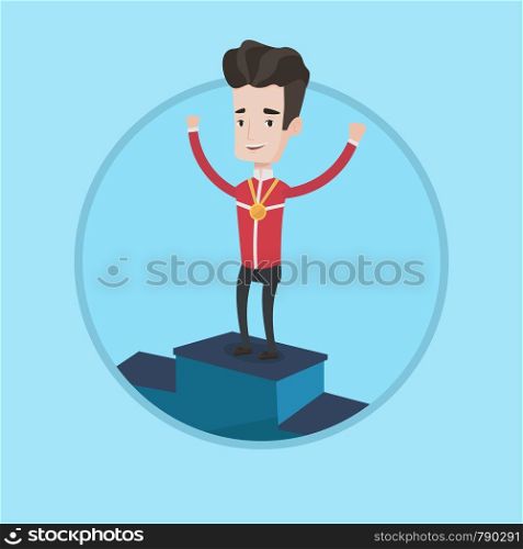 Sportsman celebrating on the winners podium. Young caucasian man with gold medal standing on the winners podium. Winner concept. Vector flat design illustration in the circle isolated on background.. Sportsman celebrating on the winners podium.