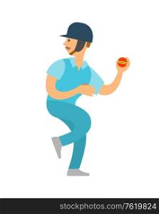 Sportsman cricket player in protective helmet going to throw ball, isolated cartoon character. Vector English sport, bat-and-ball game, cricketer on tournament. Sportsman Cricket Player in Helmet Throwing Ball
