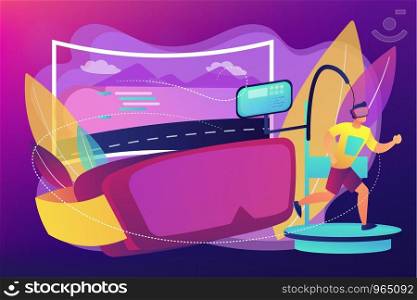 Sportsman exercising, wearing AR glasses. VR fitness gym, virtual reality training system, new fitness technology, enjoy your workout concept. Bright vibrant violet vector isolated illustration. VR fitness gym concept vector illustration.