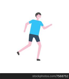 Sportsman in blue t-shirt and black trousers, vector athletic man isolated cartoon character. Runner in sport suit, jogging person in uniform, flat design. Sportsman in Blue T-Shirt, Black Trousers, Vector