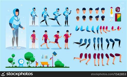Sportsman in Sportswear Trendy Flat Vector Character Constructor Design Elements Set. Jogging in Park Active Man in Tracksuit, Face Expressions, Body Parts, Mobile Devices for Fitness Illustrations