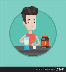 Sportsman making protein shake. Man preparing protein cocktail of bodybuilding food supplements. Man cooking protein cocktail. Vector flat design illustration in the circle isolated on background.. Young man making protein cocktail.