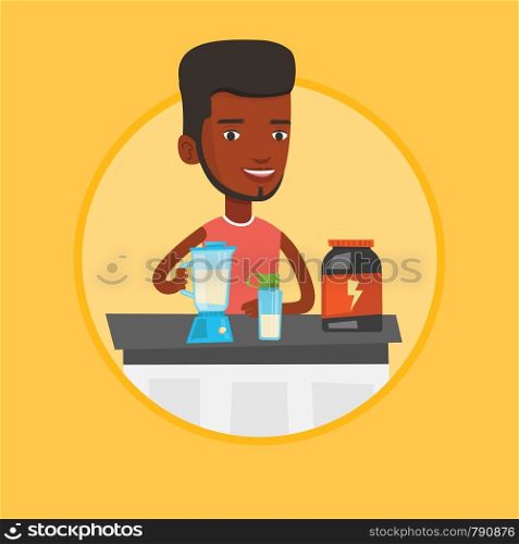 Sportsman making protein shake. Man preparing protein cocktail of bodybuilding food supplements. Man cooking protein cocktail. Vector flat design illustration in the circle isolated on background.. Young man making protein cocktail.