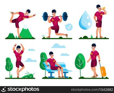 Sportsman, Male Athlete Daily Routines Types Trendy Flat Vector Set. Man in Sportswear Stretching, Squatting with Barbell, Drinking Water, Resting After Workout, Traveling on Competition Illustrations