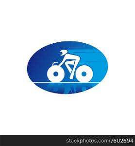 Sportsman on mountain bike isolated icon. Vector cyclist on bicycle, extreme sport racing. Person cycling on mountain bike, extreme sport