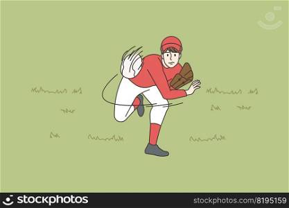 Sportsman playing baseball on field. Man in uniform throwing ball engaged in sport game. Hobby and leisure. Vector illustration.. Sportsman playing baseball