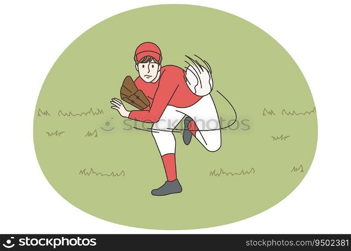 Sportsman playing baseball on field. Man in uniform throwing ball engaged in sport game. Hobby and leisure. Vector illustration.. Sportsman playing baseball