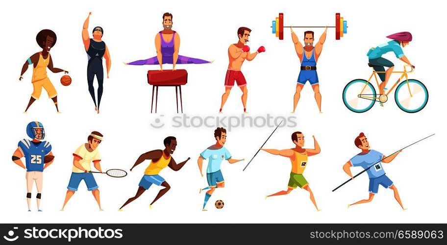 Sportsman retro cartoon set of flat isolated male athlete characters in physical fitness uniform with equipment vector illustration. Sportsman Cartoon Characters Set