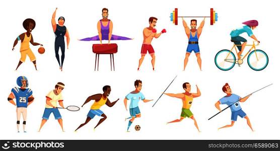 Sportsman retro cartoon set of flat isolated male athlete characters in physical fitness uniform with equipment vector illustration. Sportsman Cartoon Characters Set