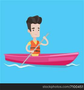 Sportsman riding in a kayak in the river. Young caucasian man traveling by kayak. Male kayaker paddling. Man paddling a canoe. Vector flat design illustration. Square layout.. Man riding in kayak vector illustration.