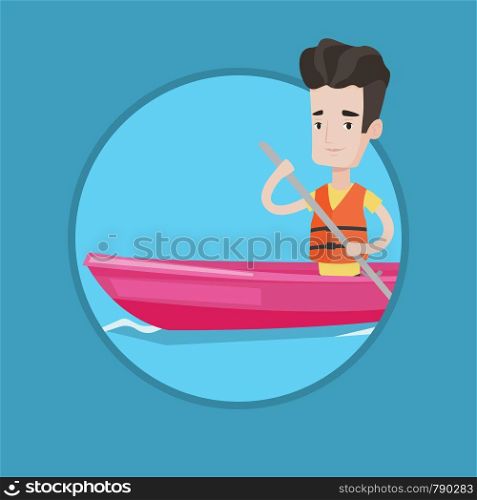 Sportsman riding in a kayak in the river. Young caucasian man traveling by kayak. Male kayaker paddling. Man paddling a canoe. Vector flat design illustration in the circle isolated on background.. Man riding in kayak vector illustration.