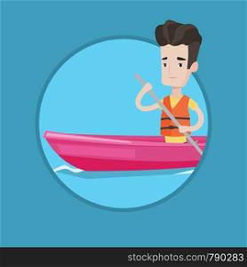 Sportsman riding in a kayak in the river. Young caucasian man traveling by kayak. Male kayaker paddling. Man paddling a canoe. Vector flat design illustration in the circle isolated on background.. Man riding in kayak vector illustration.
