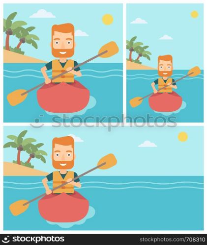 Sportsman riding in a kayak in the sea. Young man traveling by kayak. Male kayaker paddling. Man paddling a canoe. Vector flat design illustration. Square, horizontal, vertical layouts.. Man riding in kayak vector illustration.