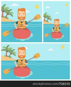 Sportsman riding in a kayak in the sea. Young man traveling by kayak. Male kayaker paddling. Man paddling a canoe. Vector flat design illustration. Square, horizontal, vertical layouts.. Man riding in kayak vector illustration.