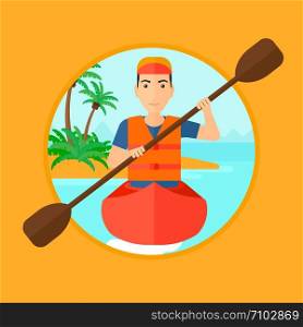 Sportsman riding in a kayak in the sea. Young man traveling by kayak. Male kayaker paddling. Man paddling a canoe. Vector flat design illustration in the circle isolated on background.. Man riding in kayak.