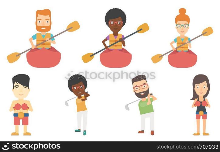 Sportsman riding in kayak. Woman with skull in hands traveling by kayak. Male kayaker paddling. Young kayaker paddling a canoe. Set of vector flat design illustrations isolated on white background.. Vector set of sport characters.