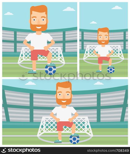 Sportsman standing with football ball on the football stadium. Professional football player with a soccer ball on the field. Vector flat design illustration. Square, horizontal, vertical layouts.. Football player with ball vector illustration.