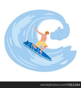 Sportsman Surfer Surfing On High Ocean Wave Vector. Young Man Surfing On Sea Water Sport Equipment Board. Character Athlete Extreme Sportive Active Lifestyle Flat Cartoon Illustration. Sportsman Surfer Surfing On High Ocean Wave Vector
