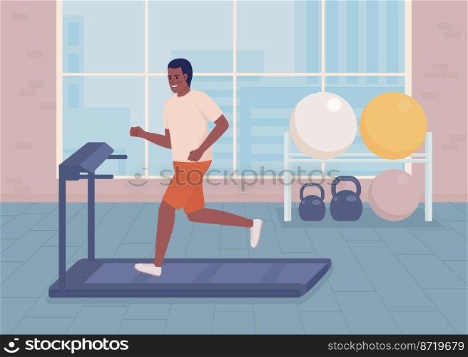 Sportsman training on treadmill flat color vector illustration. Healthy and active life. Technology in gym. Fully editable 2D simple cartoon character with athletic club on background. Sportsman training on treadmill flat color vector illustration