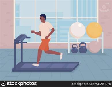Sportsman training on treadmill flat color vector illustration. Healthy and active life. Technology in gym. Fully editable 2D simple cartoon character with athletic club on background. Sportsman training on treadmill flat color vector illustration