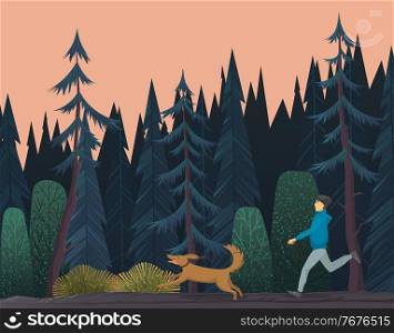 Sportsman walks the dog in a dense coniferous forest. Evening forest gloomy landscape. Active lifestyle. Outdoor activity. Running or brisk walking. Deep blue pines, firs and spruces. Flat image. Sportsman walks the dog in deep blue gloomy coniferous forest. Outdoor activity and sport lifestyle