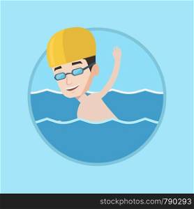 Sportsman wearing cap and glasses swimming in pool. Professional male swimmer in swimming pool. Man swimming forward crawl style. Vector flat design illustration in the circle isolated on background.. Man swimming vector illustration.