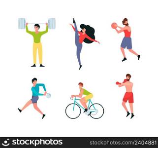 Sportsmen. Healthy lifestyle persons active recreation training exercise football tennis gym runners garish vector flat characters isolated. Sportsman people do exercise and training illustration. Sportsmen. Healthy lifestyle persons active recreation training exercise football tennis gym runners garish vector flat characters isolated