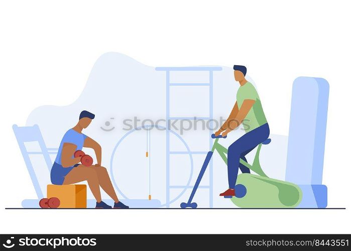 Sportsmen training with equipment in fitness club. Gym, muscle, cardio flat vector illustration. Sport and healthy lifestyle concept for banner, website design or landing web page
