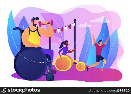 Sportsmen with disability running. Outdoor activity. Disabled sports, athletes with physical disabilities, sports for disabled people concept. Bright vibrant violet vector isolated illustration. Disabled sports concept vector illustration