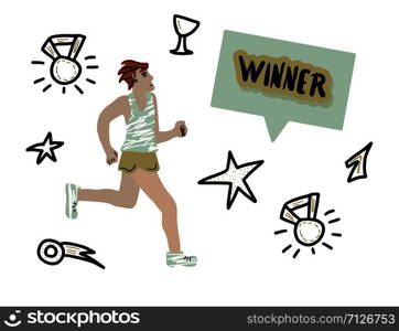 Sportsmet running with sports symbols in doodle style and Winner lettering. Runner isolated on white background. Vector color illustration.