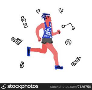Sportsmet running with sports symbols in doodle style. Runner isolated on white background. Vector color illustration.