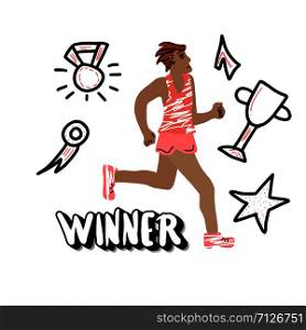 Sportsmet running with sports symbols in doodle style. Runner isolated on white background. Vector color illustration.