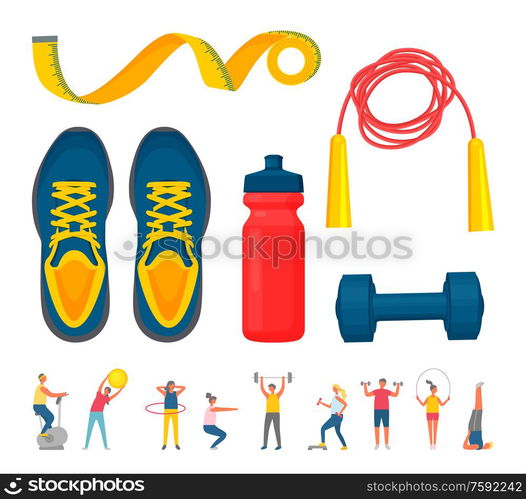 Sportswear collection and people activity, blue sneakers and dumbbell, red bottle for water, skipping rope and roulette, training man and woman vector. Training Equipment, Sporty People, Fitness Vector