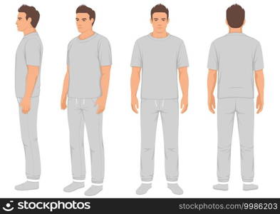 sportswear fashion man isolated, front, back and side view, vector illustration of male in tracksuit