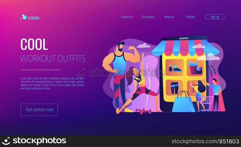 Sportswear Internet store, sports goods online ordering. Workout fashion, cool workout outfits, gym clothing trends, your workout style concept. Website homepage landing web page template.. Workout fashion concept landing page.