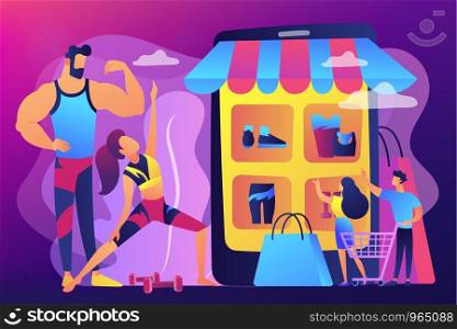 Sportswear Internet store, sports goods online ordering. Workout fashion, cool workout outfits, gym clothing trends, your workout style concept. Bright vibrant violet vector isolated illustration. Workout fashion concept vector illustration.