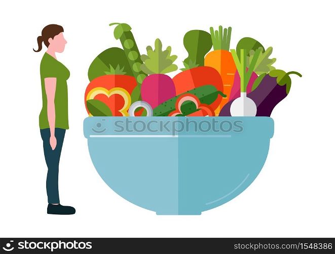 Sportswear thin woman and a fresh salad. The concept of a healthy lifestyle and losing weight. Vector. The concept of a healthy lifestyle and losing weight. Vector. Sportswear thin woman and a fresh salad.