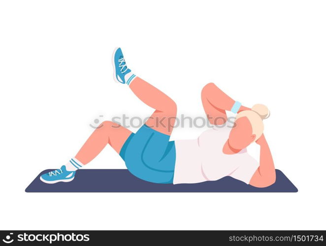 Sportswoman doing crunches flat color vector faceless character. Fitness instructor working out isolated cartoon illustration for web graphic design and animation. Abdominal muscle training at home. Sportswoman doing crunches flat color vector faceless character