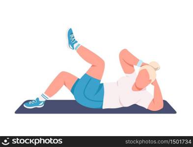 Sportswoman doing crunches flat color vector faceless character. Fitness instructor working out isolated cartoon illustration for web graphic design and animation. Abdominal muscle training at home. Sportswoman doing crunches flat color vector faceless character